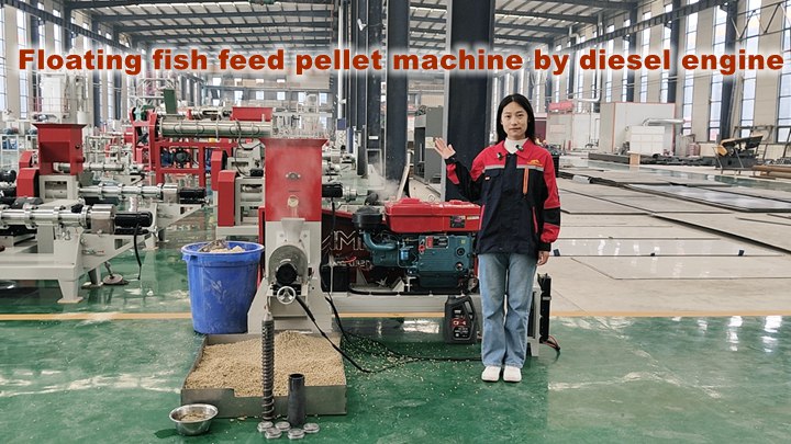 Floating fish feed machine by diesel engine