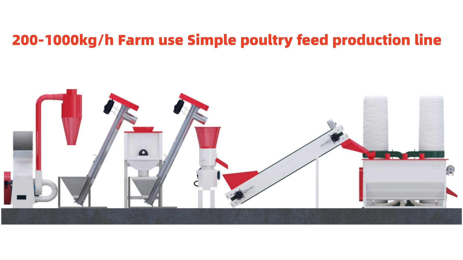 Complete cattle feed production line from crushing to weighing: crusher, screw conveyor, mixer, pellet mill, cooler, and weighing machine for cattle feed pellets