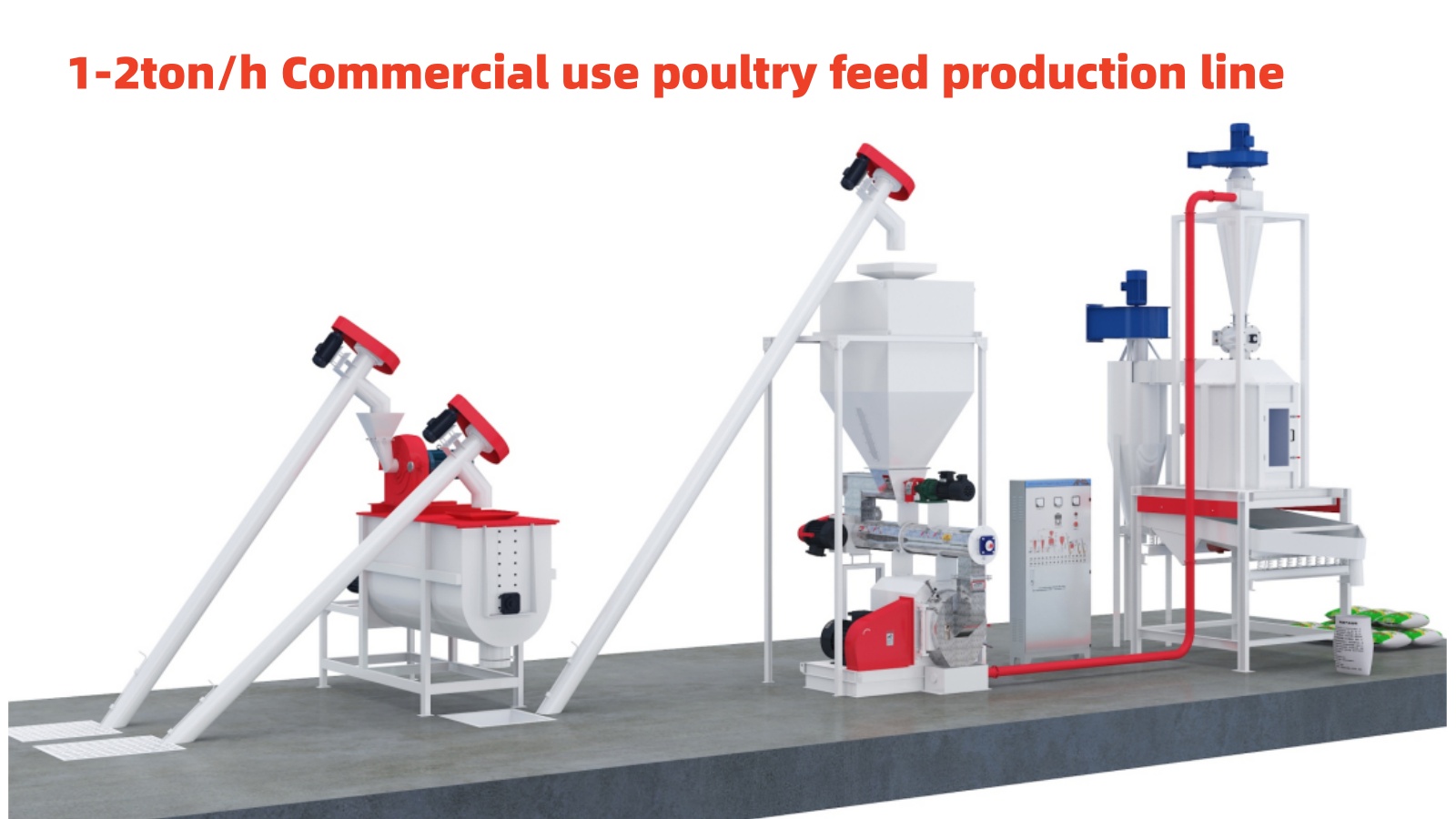 1-2 ton per hour commercial poultry feed production line with conveyor, crusher, mixer, screw conveyor, pellet mill, air conveyor, cooler, and screen